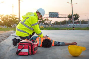 A first aider administering first aid to a casualty. Our first aid at work requalification courses gives you the necessary skills and knowledge.