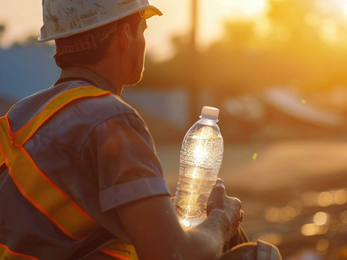 Construction worker being catious of sun protection by drinking water.