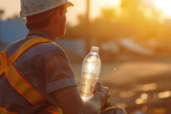 Construction worker practicing sun protection by staying hydrated.