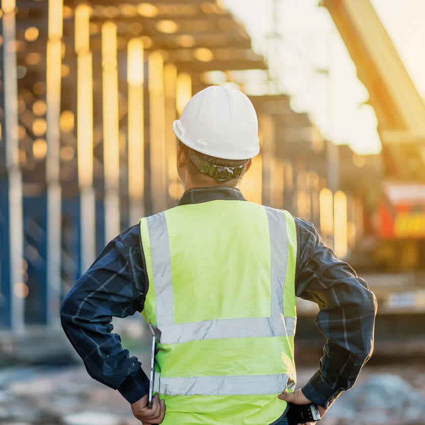 Site Manager looking at construction site completing the Construction Site Management NVQ