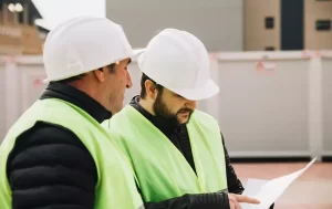 COnstruction workers following plans to build safely