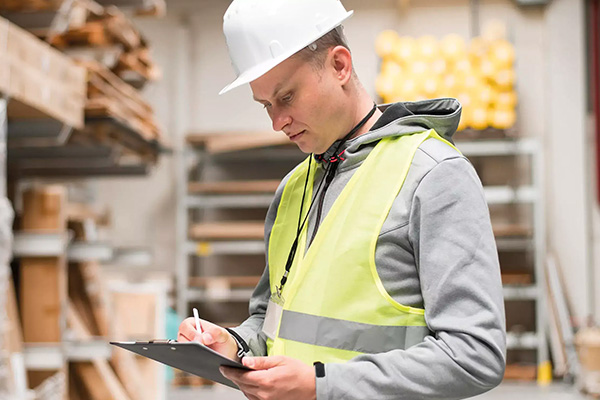 Warehouse worker conducting health and safety checks after earning the NEBOSH National General Certificate.