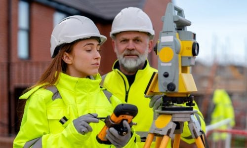 Two construction workers stand with equipment