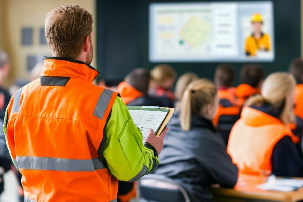 Man stands with clipboard at back of class of construction professionals