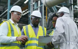 Individuals in NEBOSH jobs completing health and safety checks after a NEBOSH course