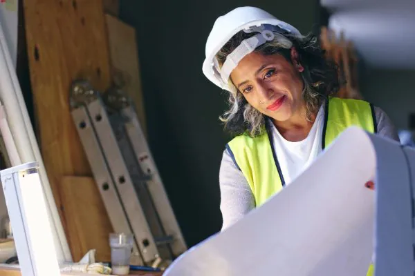 Construction woman looks at blueprints