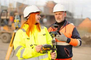 Man and woman stand on construction site
