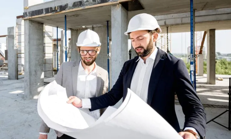 Two men review facade plans